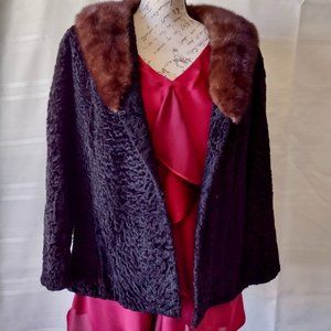 Women's Black Persian Lamb with mink Black Fur collar jacket Handmade with cloth